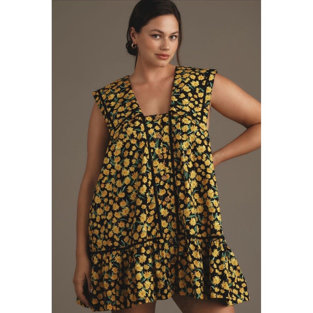 Anthropologie Maeve Mini Dress Yellow Collared Poplin Swing Retro Size MP NWT